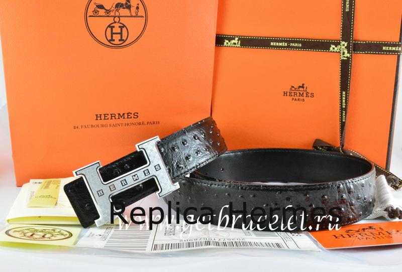 Hermes Reversible Belt Black/Black Ostrich Stripe Leather With 18K Silver Weave Stripe H Buckle