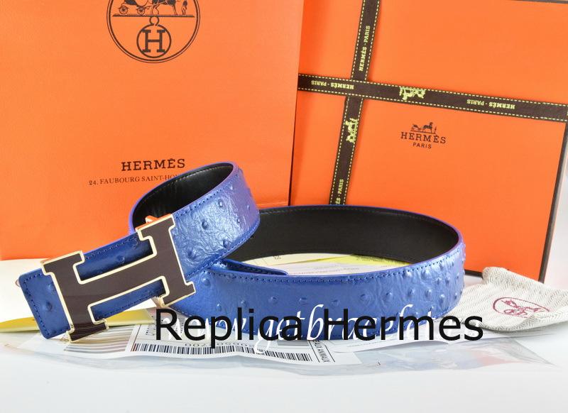 Hermes Reversible Belt Blue/Black Ostrich Stripe Leather With 18K Black Silver Width H Buckle