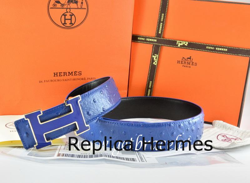 Cheap Hermes Reversible Belt Blue/Black Ostrich Stripe Leather With 18K Blue Gold Width H Buckle
