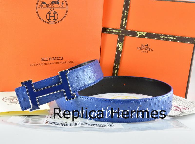 Knockoff Hermes Reversible Belt Blue/Black Ostrich Stripe Leather With 18K Blue Silver Narrow H Buckle