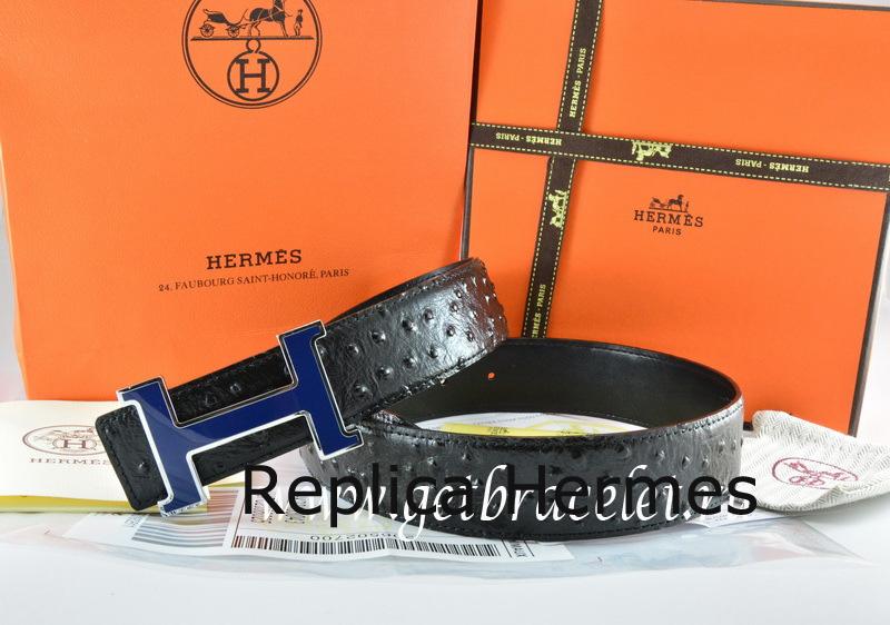 Perfect Hermes Reversible Belt Blue/Black Ostrich Stripe Leather With 18K Blue Silver Narrow H Buckle