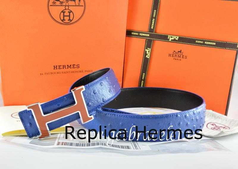 Luxury Hermes Reversible Belt Blue/Black Ostrich Stripe Leather With 18K Brown Silver Narrow H Buckle