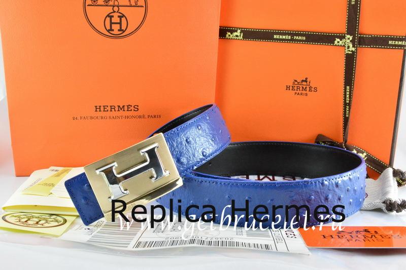 Designer Hermes Reversible Belt Blue/Black Ostrich Stripe Leather With 18K Gold Big H Buckle