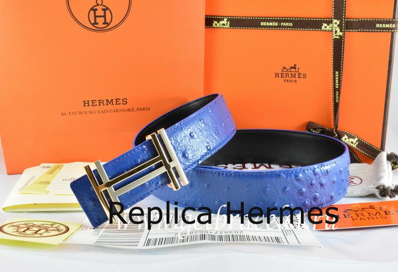 Luxury Replica Hermes Reversible Belt Blue/Black Ostrich Stripe Leather With 18K Gold H Au Carre Buckle