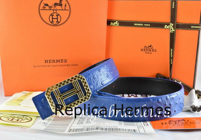 Hermes Reversible Belt Blue/Black Ostrich Stripe Leather With 18K Gold Lace Strip H Buckle Replica