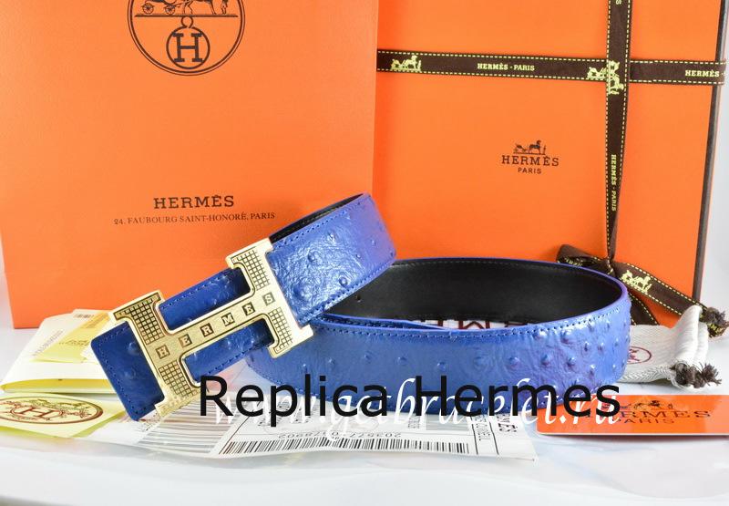 Hermes Reversible Belt Blue/Black Ostrich Stripe Leather With 18K Gold Stripe Logo H Buckle