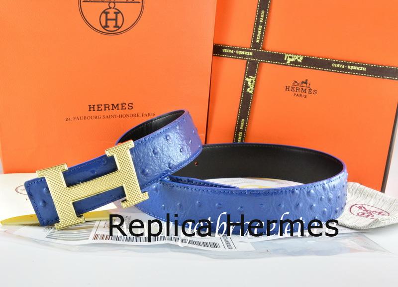 Replica Hot Hermes Reversible Belt Blue/Black Ostrich Stripe Leather With 18K Gold Wave Stripe H Buckle