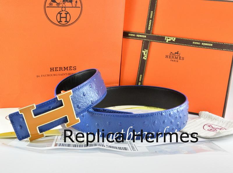Faux Cheap Hermes Reversible Belt Blue/Black Ostrich Stripe Leather With 18K Orange Gold Width H Buckle