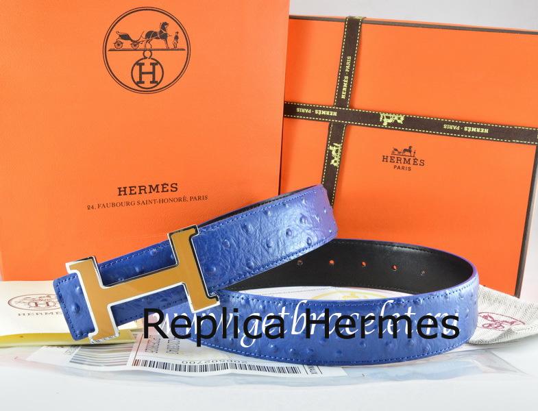 Knockoff Hermes Reversible Belt Blue/Black Ostrich Stripe Leather With 18K Orange Silver Narrow H Buckle