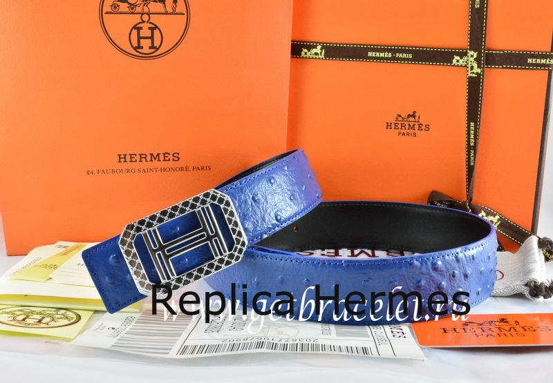 Imitation AAA Hermes Reversible Belt Blue/Black Ostrich Stripe Leather With 18K Silver Lace Strip H Buckle