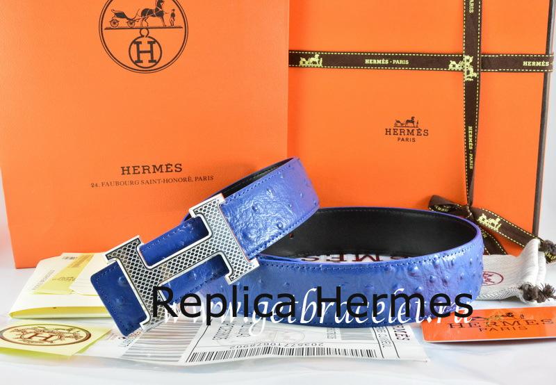 High End Hermes Reversible Belt Blue/Black Ostrich Stripe Leather With 18K Silver Wave Stripe H Buckle