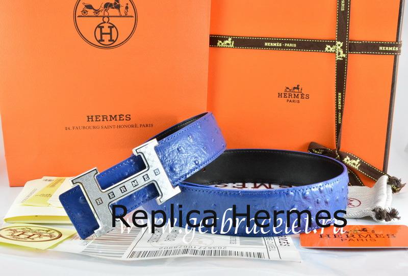 Knockoff Hermes Reversible Belt Blue/Black Ostrich Stripe Leather With 18K Silver Weave Stripe H Buckle