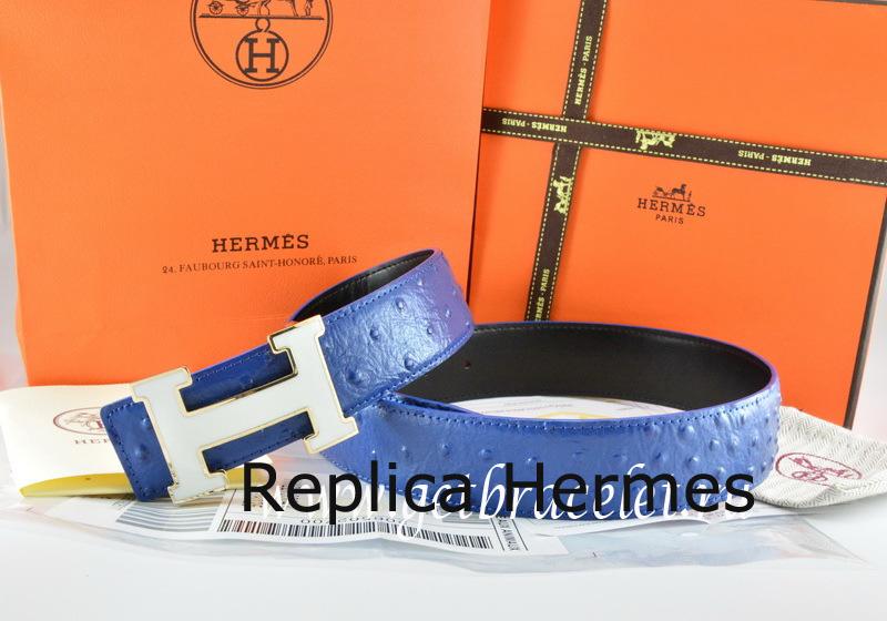 Hermes Reversible Belt Blue/Black Ostrich Stripe Leather With 18K White Silver H Buckle Replica