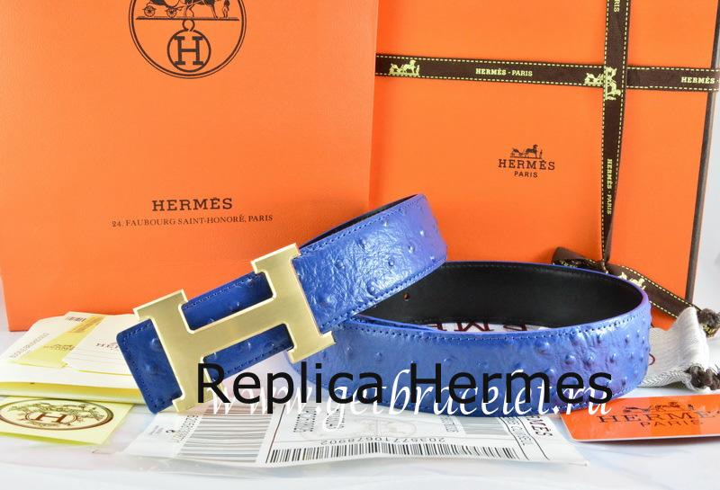 Knockoff Hermes Reversible Belt Blue/Black/Black Ostrich Stripe Leather With 18K Drawbench Gold H Buckle