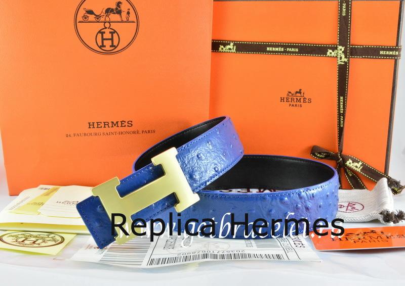 Replica Hermes Reversible Belt Blue/Black/Black Ostrich Stripe Leather With 18K Gold H Buckle
