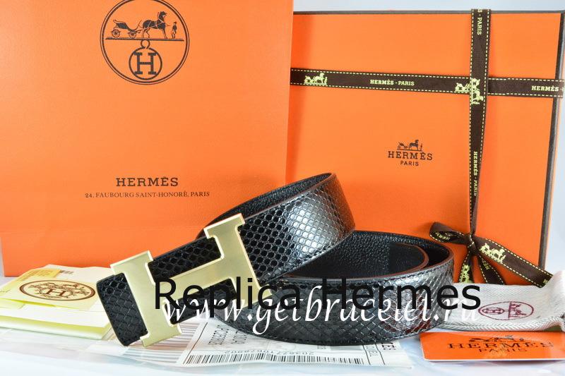 Wholesale Hermes Reversible Belt Black/Black Snake Stripe Leather With 18K Drawbench Gold H Buckle