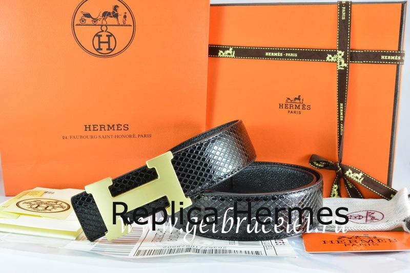 Hermes Reversible Belt Black/Black Snake Stripe Leather With 18K Gold H Buckle Replica