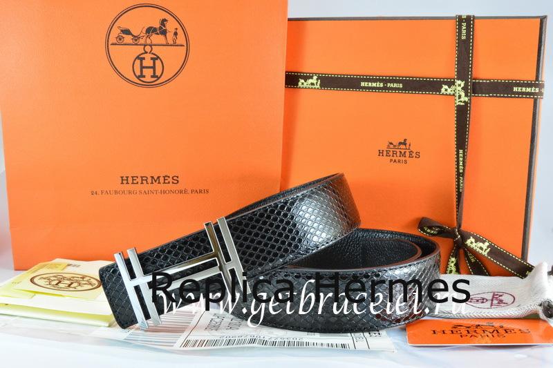 Replica Hermes Reversible Belt Black/Black Snake Stripe Leather With 18K Silver H Au Carre Buckle