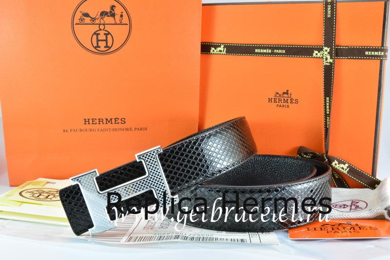 Hermes Reversible Belt Black/Black Snake Stripe Leather With 18K Silver Wave Stripe H Buckle