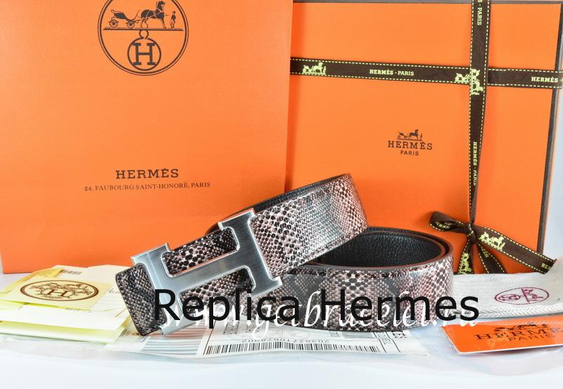Hermes Reversible Belt Brown/Black Snake Stripe Leather With 18K Drawbench Silver H Buckle Replica
