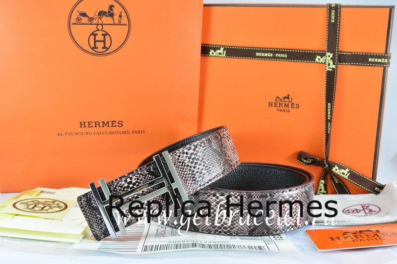 Hot Fake Hermes Reversible Belt Brown/Black Snake Stripe Leather With 18K Silver H Au Carre Buckle