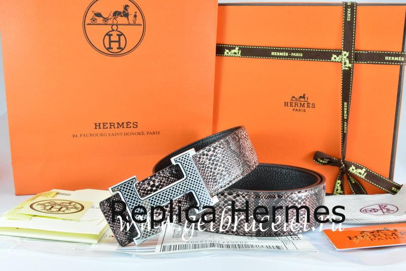 Hermes Reversible Belt Brown/Black Snake Stripe Leather With 18K Silver Wave Stripe H Buckle Replica