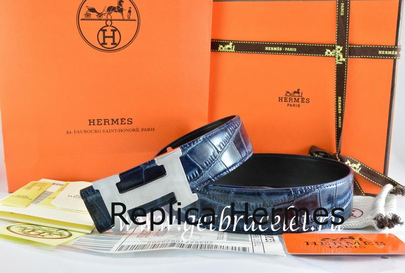 Hermes Reversible Belt Blue/Black Crocodile Stripe Leather With18K Silver H Buckle