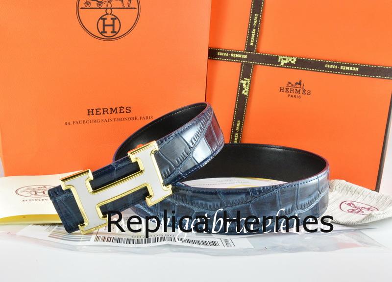 Hermes Reversible Belt Blue/Black Crocodile Stripe Leather With18K White Gold H Buckle
