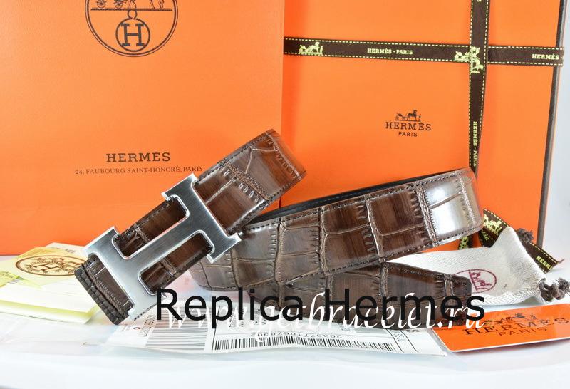 Replica Hermes Reversible Belt Brown/Black Crocodile Stripe Leather With18K Drawbench Silver H Buckle
