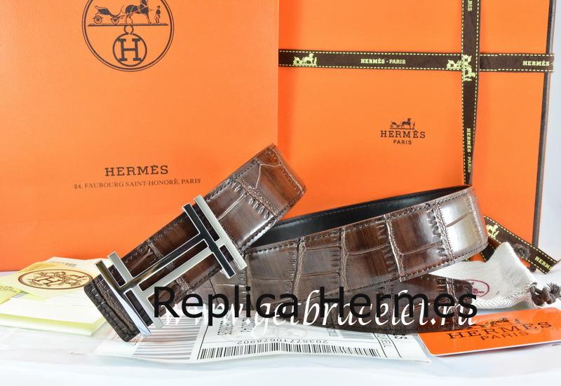 1:1 Hermes Reversible Belt Brown/Black Crocodile Stripe Leather With18K Silver H Au Carre Buckle