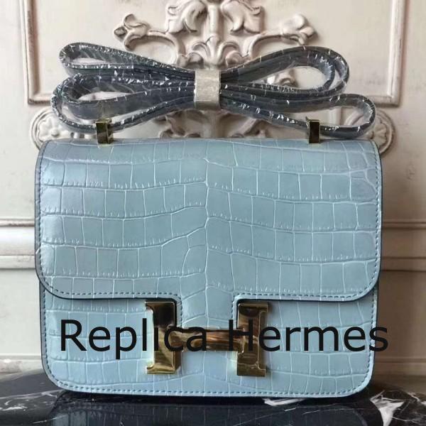 Hermes Blue Lin Constance MM 24cm Crocodile Handbag