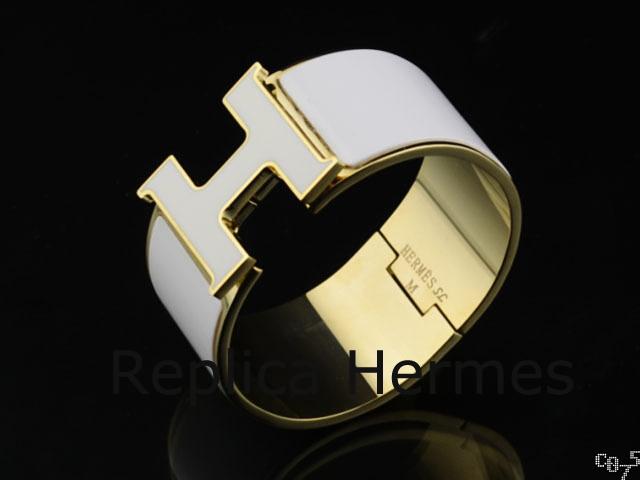 Replica Hermes White Enamel Clic H Bracelet Narrow Width (33mm) In Gold