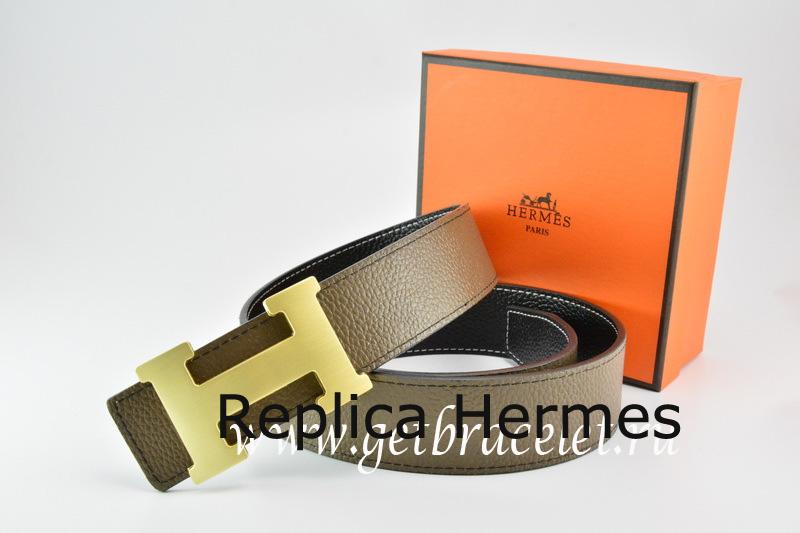 Imitation Hermes Reversible Belt Light Gray/Black Togo Calfskin With 18k Gold H Buckle