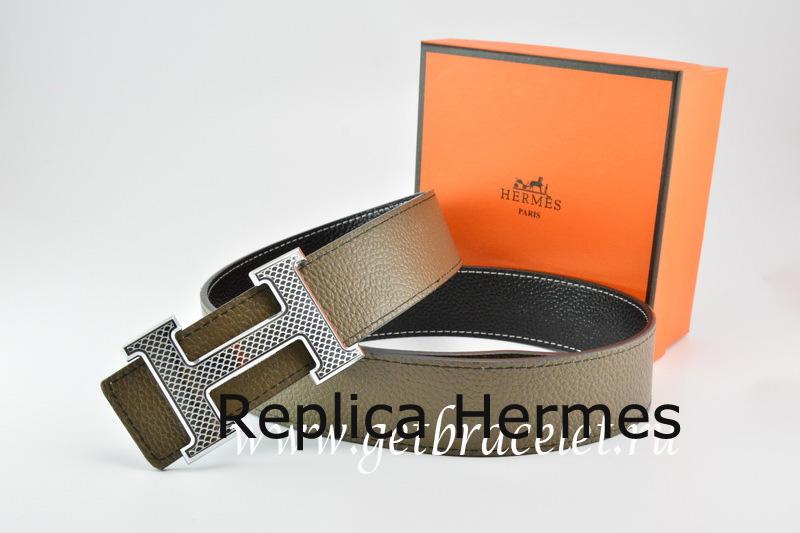 Fake Hermes Reversible Belt Light Gray/Black Togo Calfskin With 18k Gold Wave Stripe H Buckle