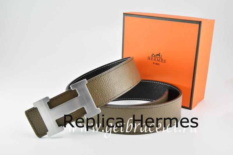 Imitation Hermes Reversible Belt Light Gray/Black Togo Calfskin With 18k Silver H Buckle