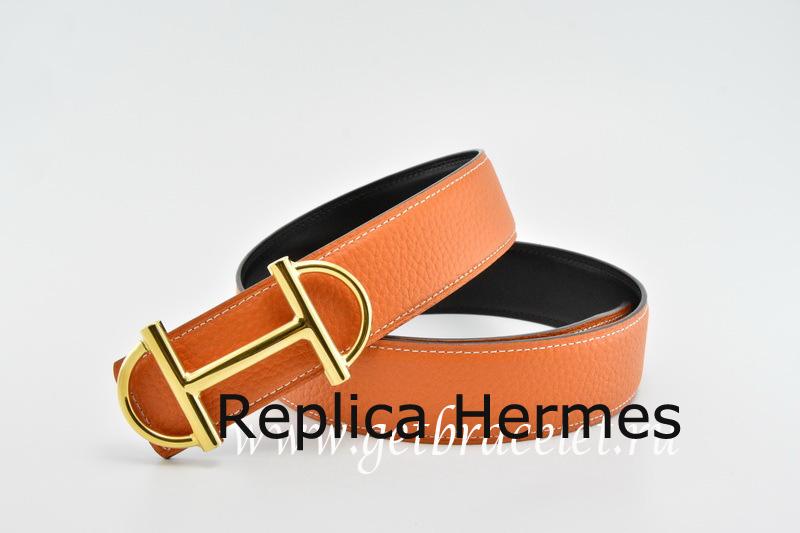 Hermes Reversible Belt Orange/Black Anchor Chain Togo Calfskin With 18k Gold Buckle