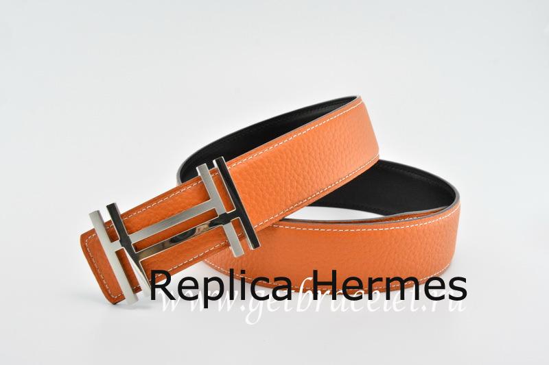 Hermes Reversible Belt Orange/Black H Au Carre Togo Calfskin With 18k Silver Buckle Replica