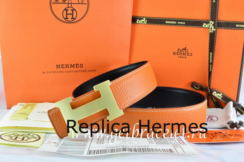 Hermes Reversible Belt Orange/Black Togo Calfskin With 18k Gold H Buckle