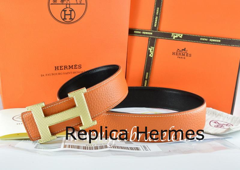 Hermes Reversible Belt Orange/Black Togo Calfskin With 18k Gold Wave Stripe H Buckle Replica