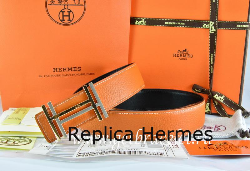 Hermes Reversible Belt Orange/Black Togo Calfskin With 18k Silver Double H Buckle