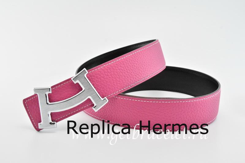 Luxury Hermes Reversible Belt Pink/Black Fashion H Togo Calfskin With 18k Silver Buckle