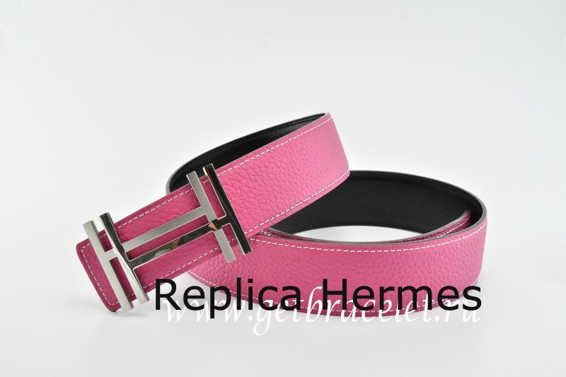 Hermes Reversible Belt Pink/Black H Au Carre Togo Calfskin With 18k Silver Buckle