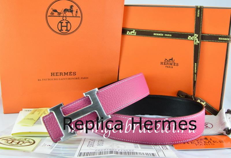 Copy Hermes Reversible Belt Pink/Black Togo Calfskin With 18k Drawbench Silver H Buckle