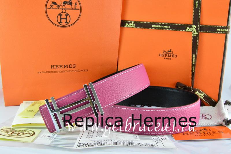 Hermes Reversible Belt Pink/Black Togo Calfskin With 18k Silver Double H Buckle