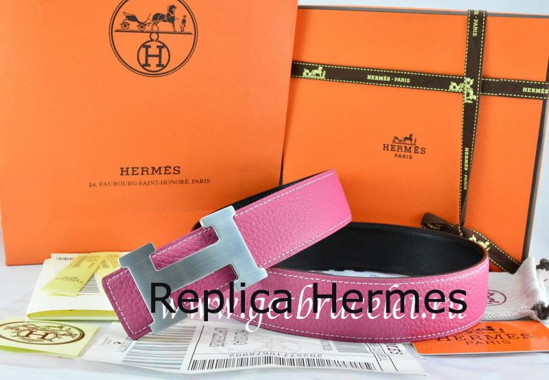 Hermes Reversible Belt Pink/Black Togo Calfskin With 18k Silver H Buckle