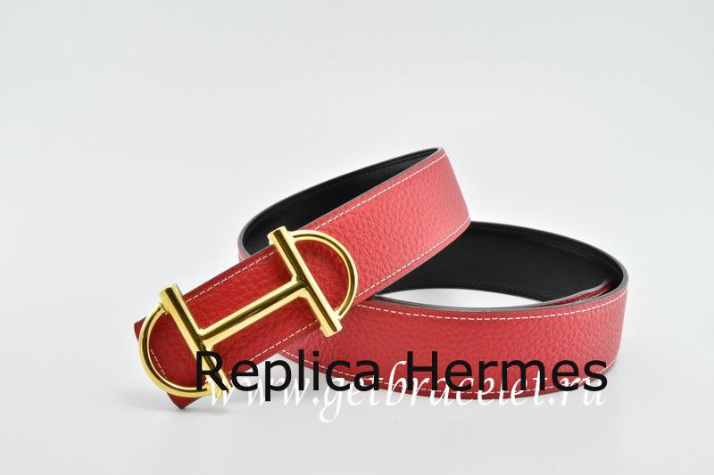 Copy Hermes Reversible Belt Red/Black Anchor Chain Togo Calfskin With Red/Black 18k Gold Buckle