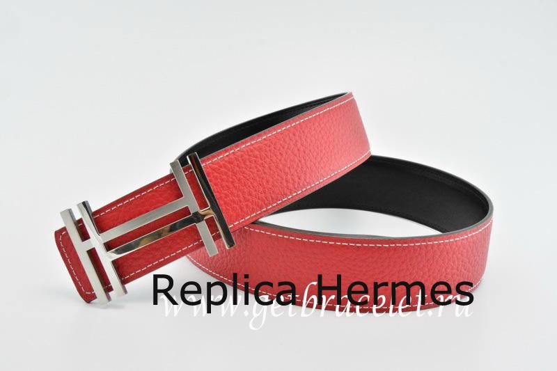 Hermes Reversible Belt Red/Black H Au Carre Togo Calfskin With 18k Silver Buckle