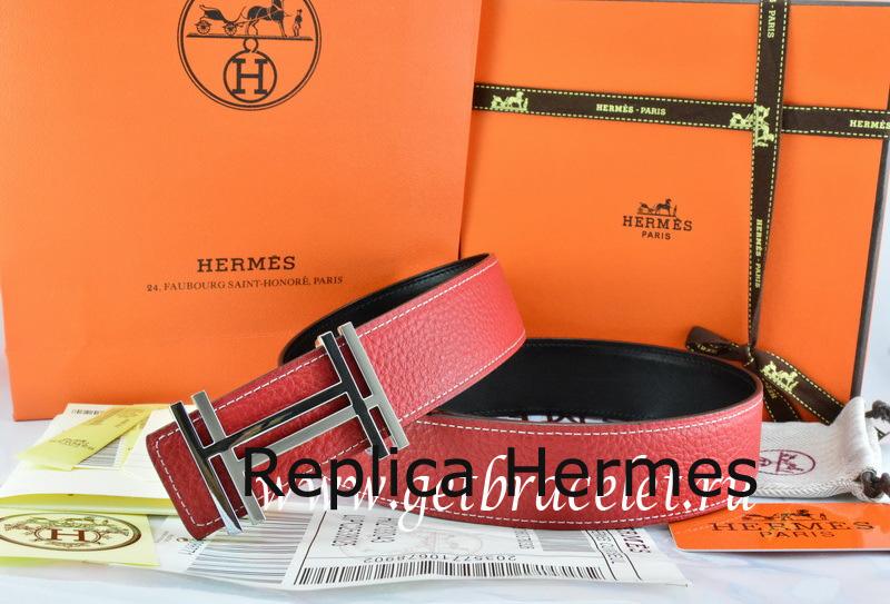 Designer Hermes Reversible Belt Red/Black Togo Calfskin With 18k Silver Double H Buckle
