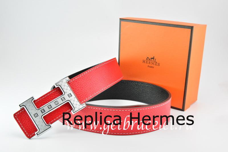 Top Copy Hermes Reversible Belt Red/Black Togo Calfskin With 18k Silver Weave Stripe H Buckle