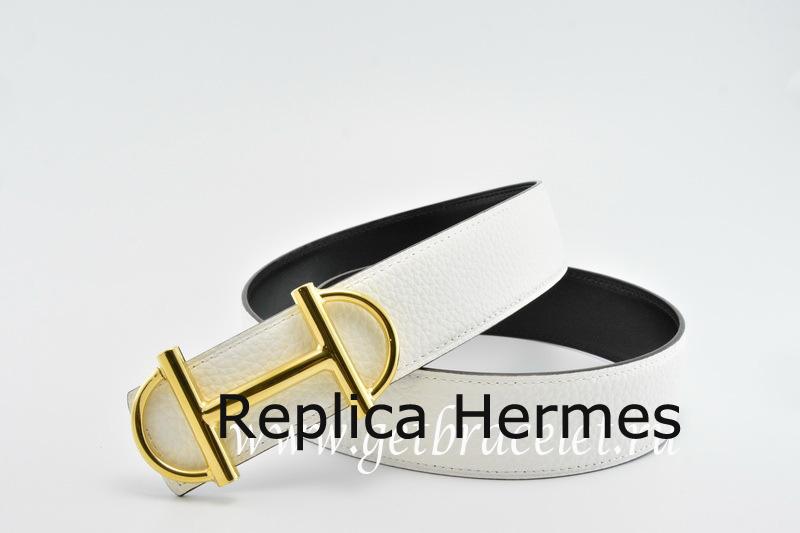 Hermes Reversible Belt White/Black Anchor Chain Togo Calfskin With 18k Gold Buckle Replica